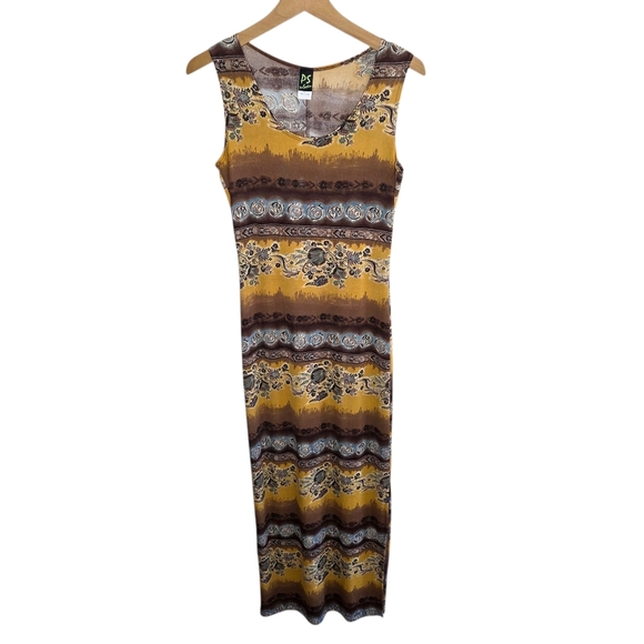 Y2K PerSeption | Slinky Stretchy Brown Mustard Boho Print Maxi Dress Size Medium - Picture 1 of 6